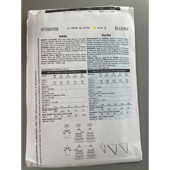 Butterick B4889 Gypsy Costume Sewing Pattern Size XS-S-M Top Skirt Tiered Ruffle - Picture 3 of 7